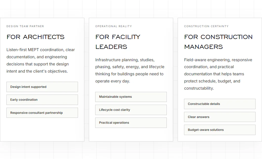 Three audience paths for architects, facility leaders, and construction managers on the rebuilt MODUS homepage
