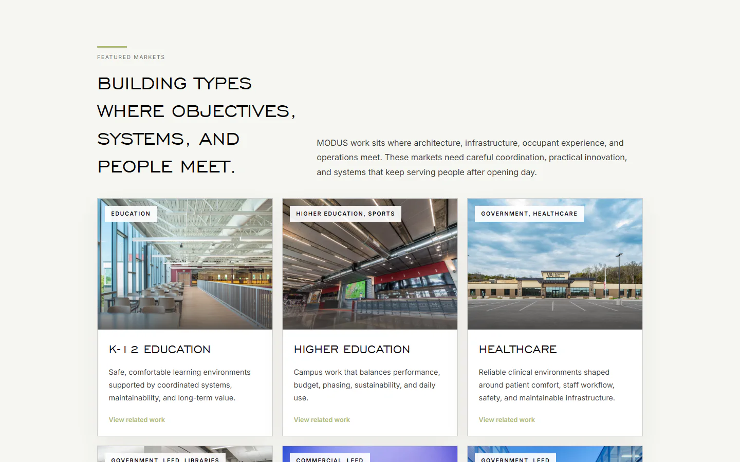 Featured markets section of the rebuilt MODUS website